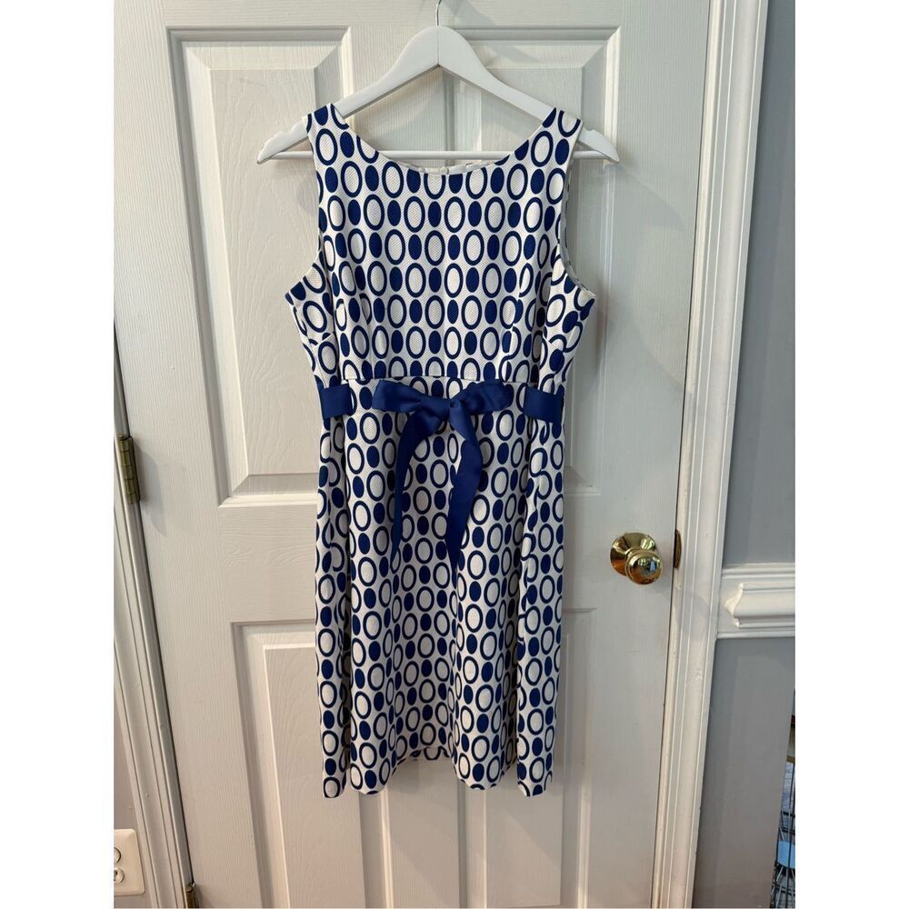 Jessica Howard White & Blue Print Ribbon Tie Preppy Sleeveless Dress sz 12P EUC
